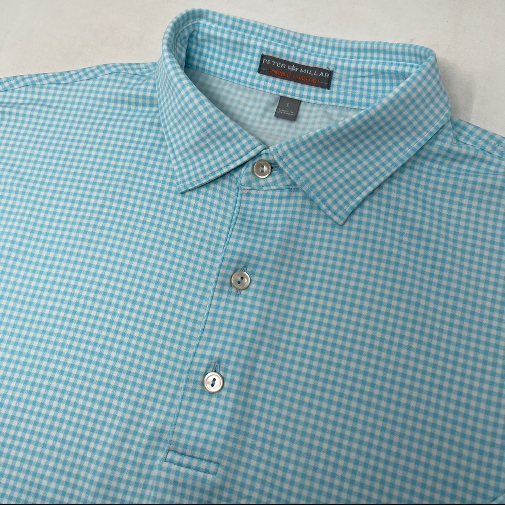 Peter Millar Summer Comfort Men's Large Light Blue Plaid Short Sleeve Polo Shirt